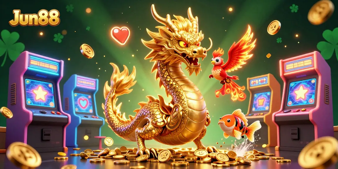 Jun88 offers top-notch gaming with a dynamic scene featuring a fierce dragon and phoenix.