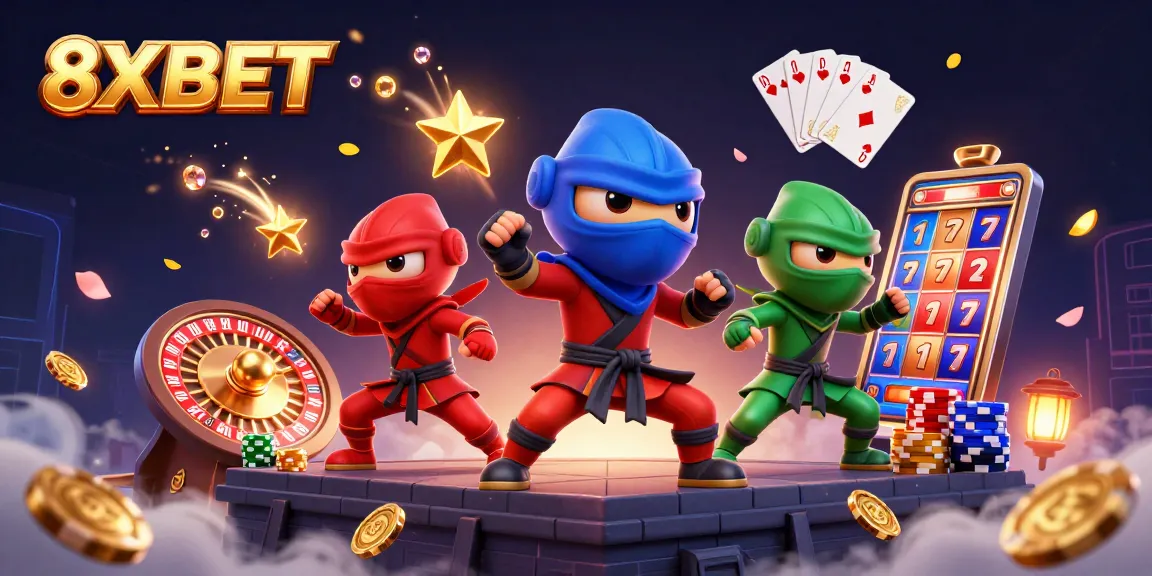 Engaging 3D scene with a ninja chameleon team promoting the 8XBET casino experience through action-packed gaming elements.