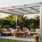 Terrassenüberdachung freistehend im Garten, Familie entspannt unter dem modernen Dach.