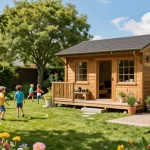 Ein Gartenhaus aus Holz umgeben von Blumen und einer Familie, die einen sonnigen Tag im Freien genießt.