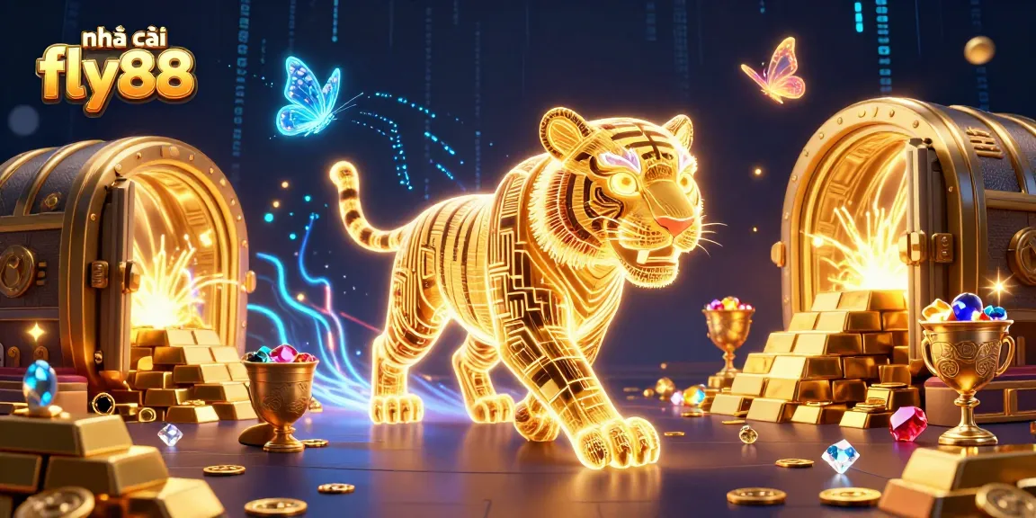 Experience the thrill with nhà cái fly88, featuring a neon-wireframe golden tiger prowling a dynamic digital casino.