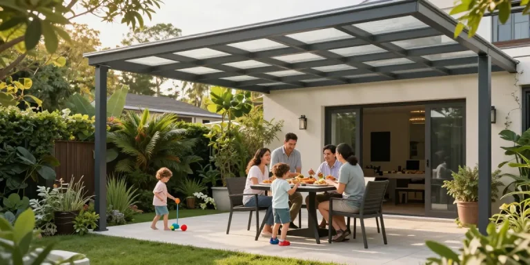Moderne Terrassenüberdachung in einem liebevoll gestalteten Garten mit einladendem Familienessen.