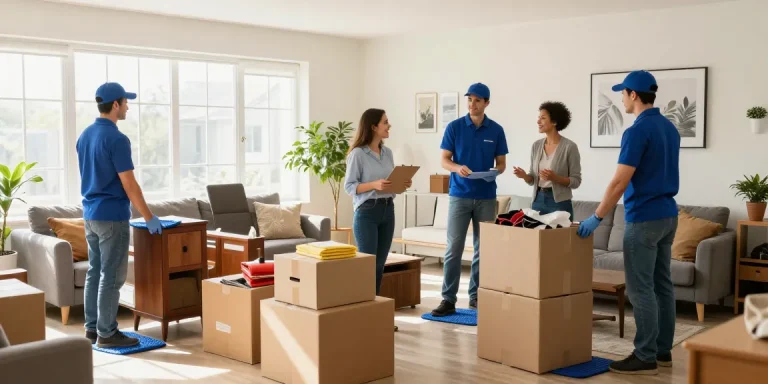 Entrümpelung München: Professionelles Team bei der Haushaltsentrümpelung in einem hellen Wohnzimmer.