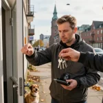 Schlüsseldienst Hamburg hilft freundlich bei Türöffnung vor einem Wohngebäude.