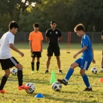 Fußballbedarf kaufen für Jugendspieler, die mit hochwertigen Mantom Bällen auf dem Trainingsfeld üben.