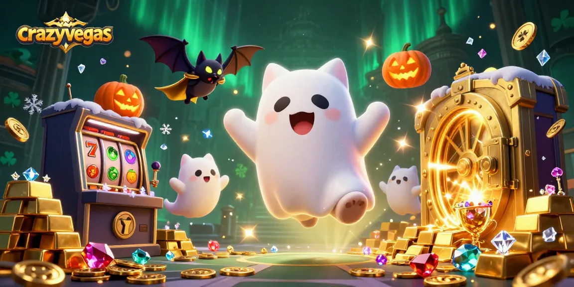Play exciting slots at crazyvegas with a 3D ghost cat and vampire bat in a haunted casino scene.