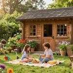 Schönes Gartenhaus umgeben von bunten Blumen, Familie genießt Picknick im Freien.