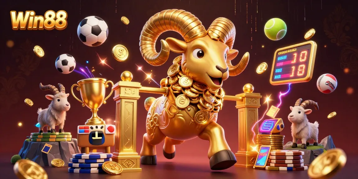 Win88 entertaining players with a dynamic 3D illustration of a golden ram charging through a vibrant casino scene