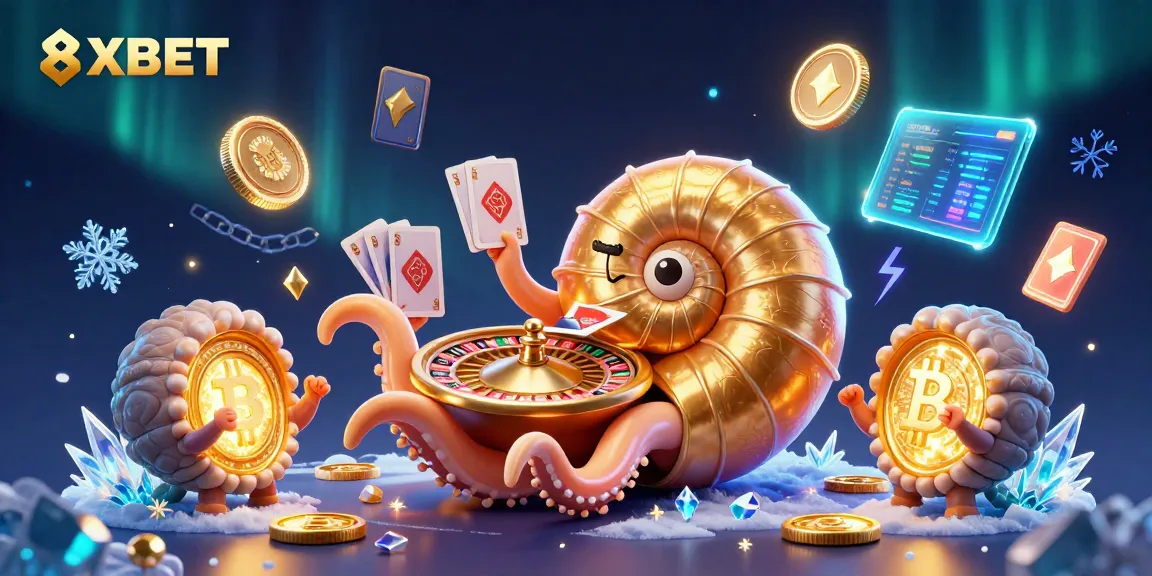 Join 8XBET in an energetic online casino scene with crypto elements and glowing companions.
