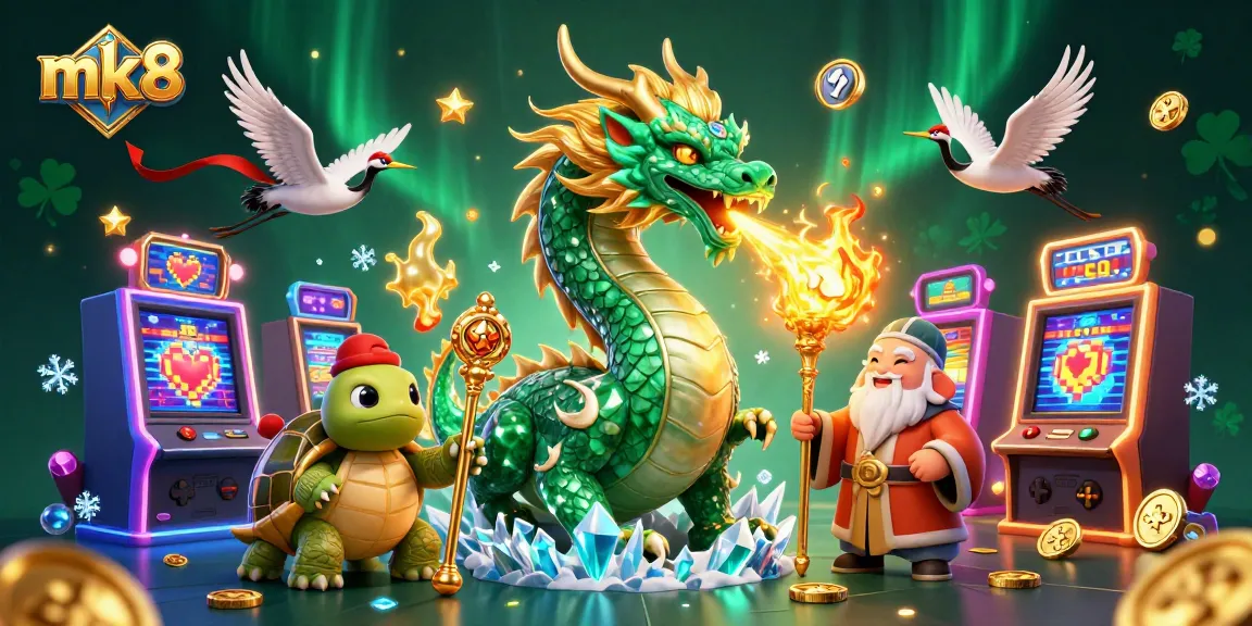 Engage in thrilling slots at mk8 with a jade dragon and lucky cranes amid vibrant casino elements.