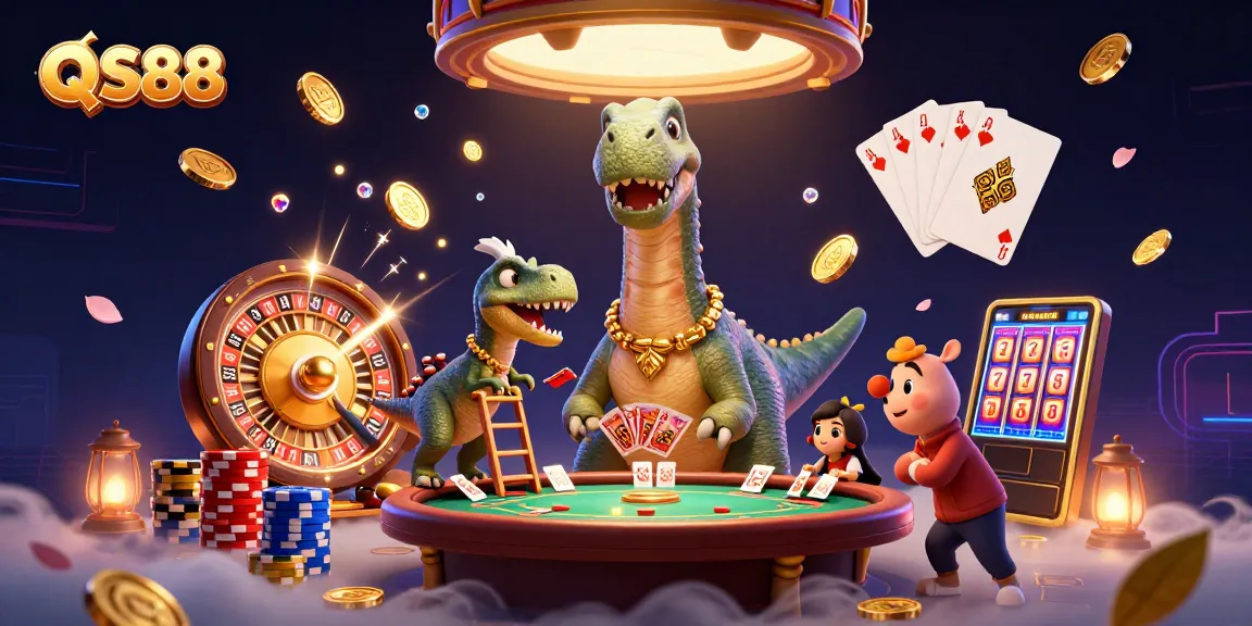 Experience QS88's thrilling casino atmosphere with vibrant gaming elements and characters.