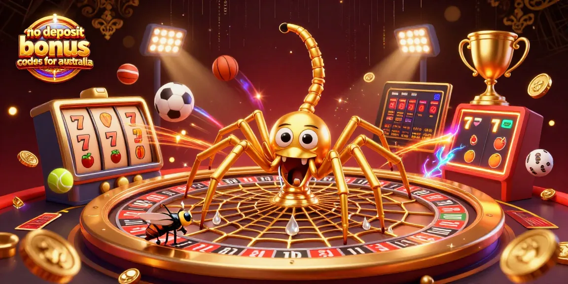 No deposit bonus codes for australia with a vibrant 3D illustration of casino elements and characters.