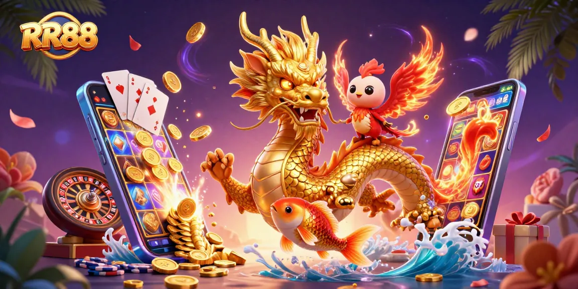 Play exciting casino games at RR88, featuring a golden dragon, koi fish, and a phoenix amidst coins and vibrant gaming elements.