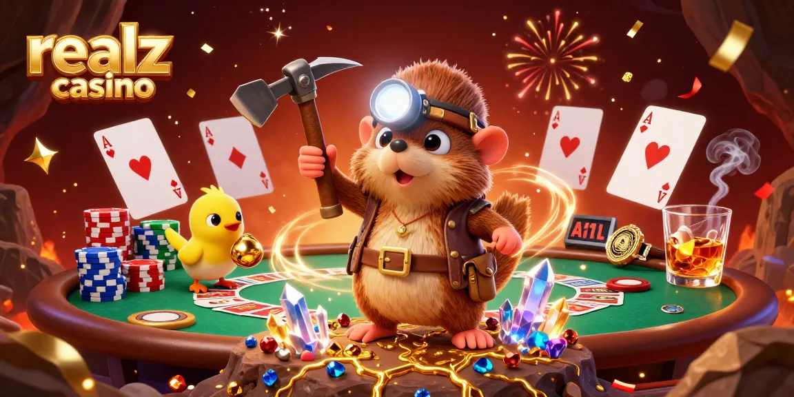 Experience the thrilling action of realz casino with a treasure hunter mole amid vibrant gaming elements.