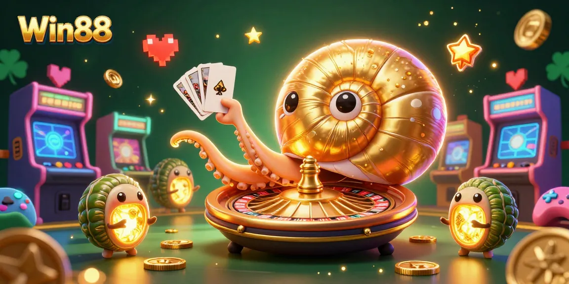 Experience fun with Win88 as a giant nautilus spins a roulette wheel amidst arcade games.