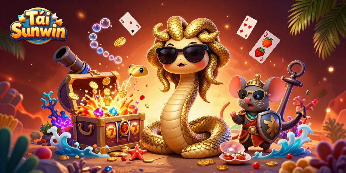 Tải Sunwin shows a vibrant 3D illustration featuring Medusa and a warrior mouse in a packed casino scene.
