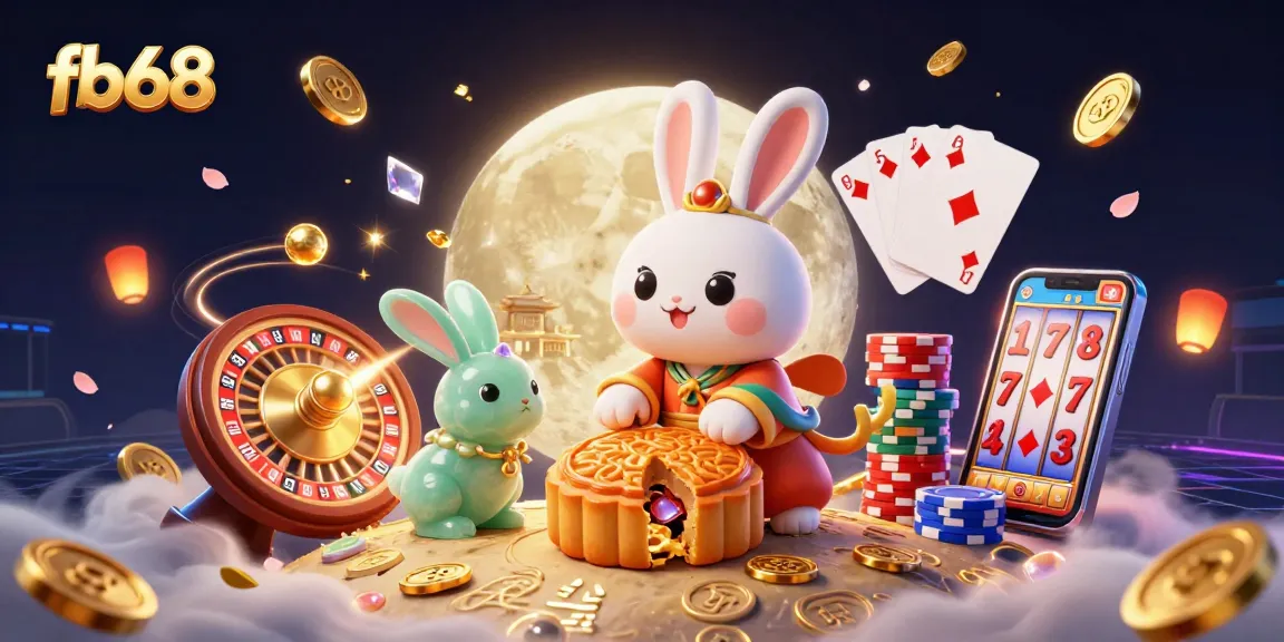 Spin and win with fb68 as the moon rabbit reveals poker chips from mooncakes amidst casino excitement.