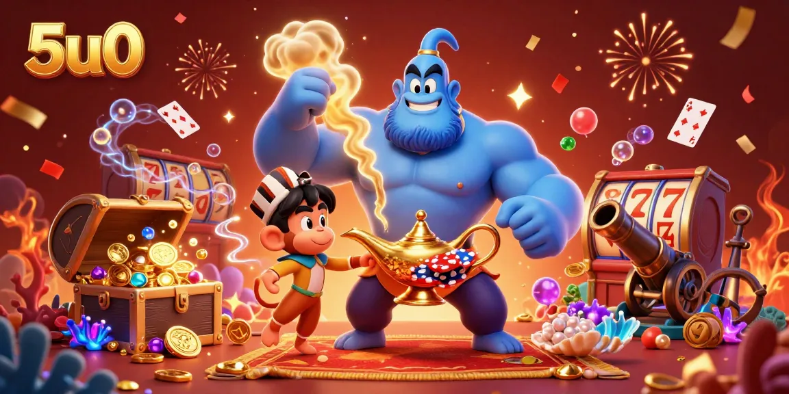 Experience the thrilling 5u0 casino adventure with a cartoon genie, monkey, and poker chips.