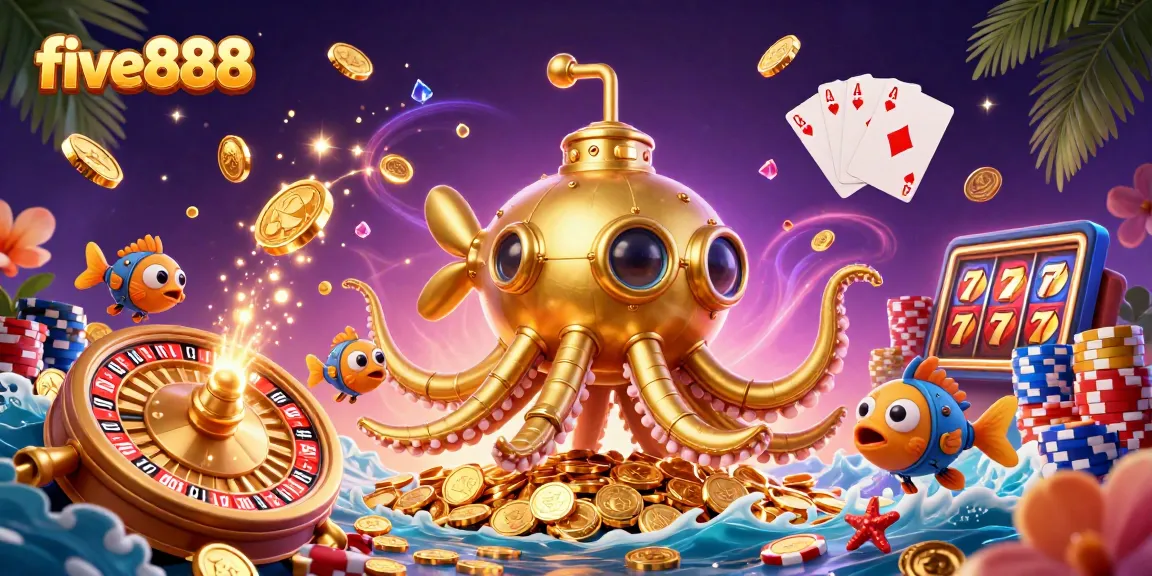 Immerse in the excitement of five888 with a dazzling 3D kraken submarine amidst cascading treasures and vibrant casino elements.