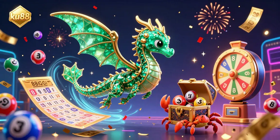 Engaging ku88 sea dragon scene with lottery balls, bingo cards, and energetic prize elements.