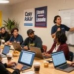 Community gathering discussing Casey Askar's political campaign strategies.