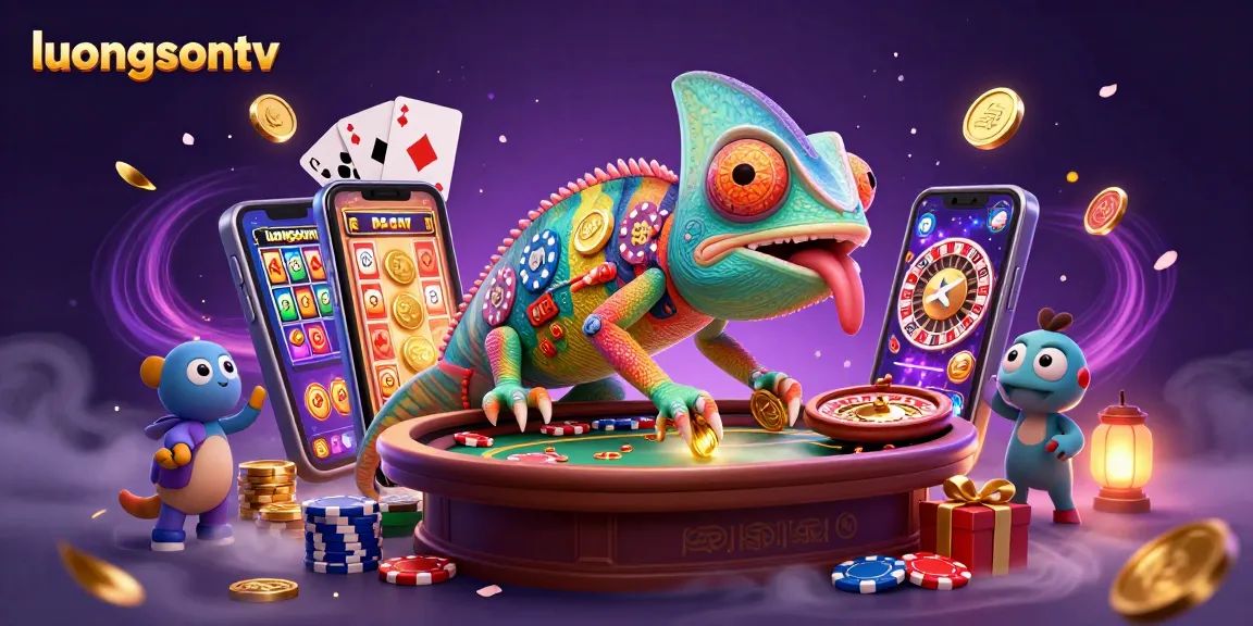 Experience excitement with luongsontv: a vibrant scene featuring a chameleon casino owner capturing golden coins amidst dynamic gaming elements.