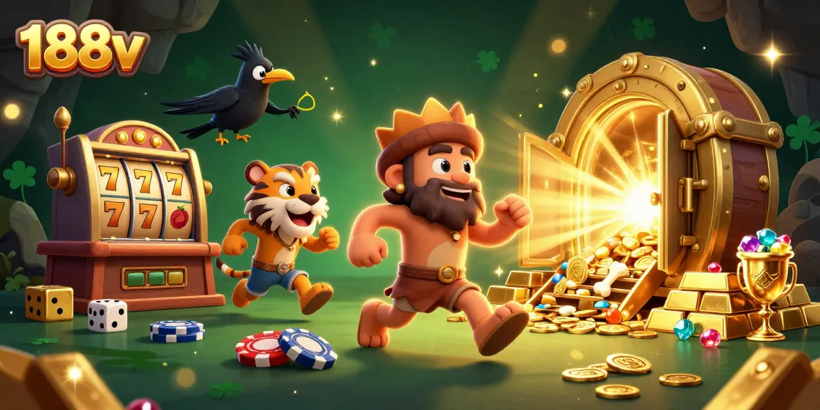 Experience the thrill of 188v in a vibrant, prehistoric casino scene with cavemen and tiger.