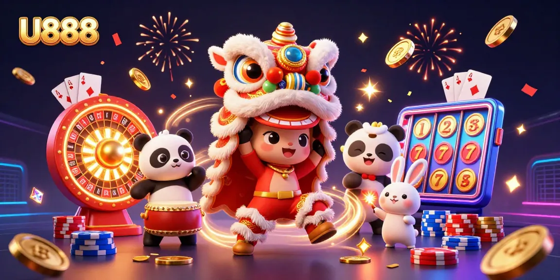 Experience exciting gameplay at U888 with a vibrant illustration showcasing a lively lion dance and gambling elements.