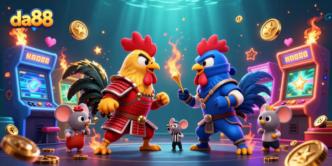 Engage with da88's dynamic scene featuring cartoon roosters in an action-packed casino showdown.