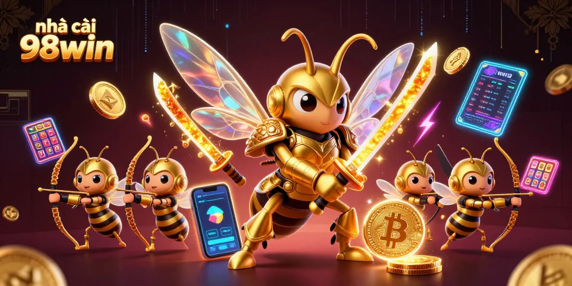 Engage in thrilling gameplay at nhà cái 98win with vibrant 3D illustration showcasing a samurai hornet and bees amidst slot game elements.