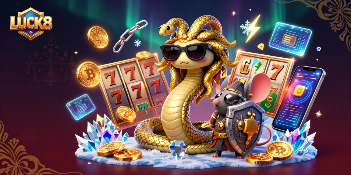 Spin big wins with LUCK8 as Medusa and a warrior mouse join a vibrant casino scene filled with jackpots.