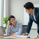Diskussion über Stress mit Chef in modernem Büro mit angespanntem Mitarbeiter und aufmerksamem Vorgesetzten