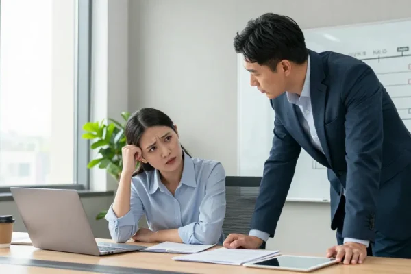 Diskussion über Stress mit Chef in modernem Büro mit angespanntem Mitarbeiter und aufmerksamem Vorgesetzten
