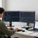 Innovative coding workspace at https://sc88.chat/ with dual monitors, coffee mug, and vibrant atmosphere.