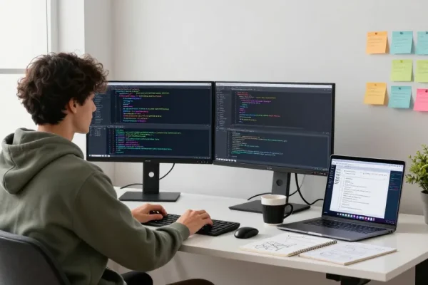 Innovative coding workspace at https://sc88.chat/ with dual monitors, coffee mug, and vibrant atmosphere.