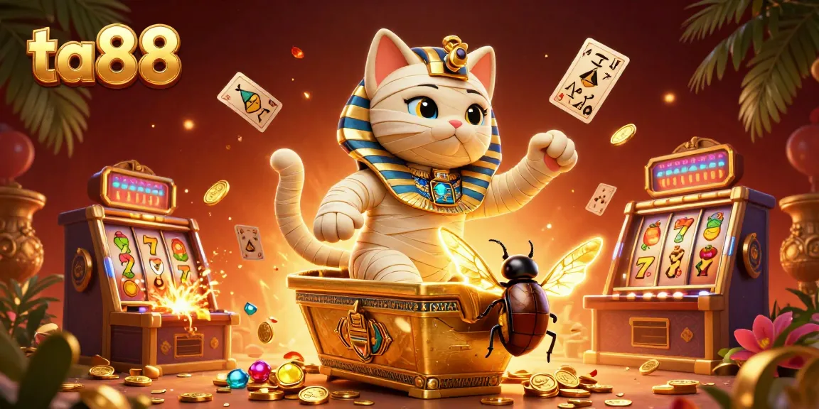 Engage with ta88 in an exciting pyramid casino scene with a mummy cat and dynamic symbols.