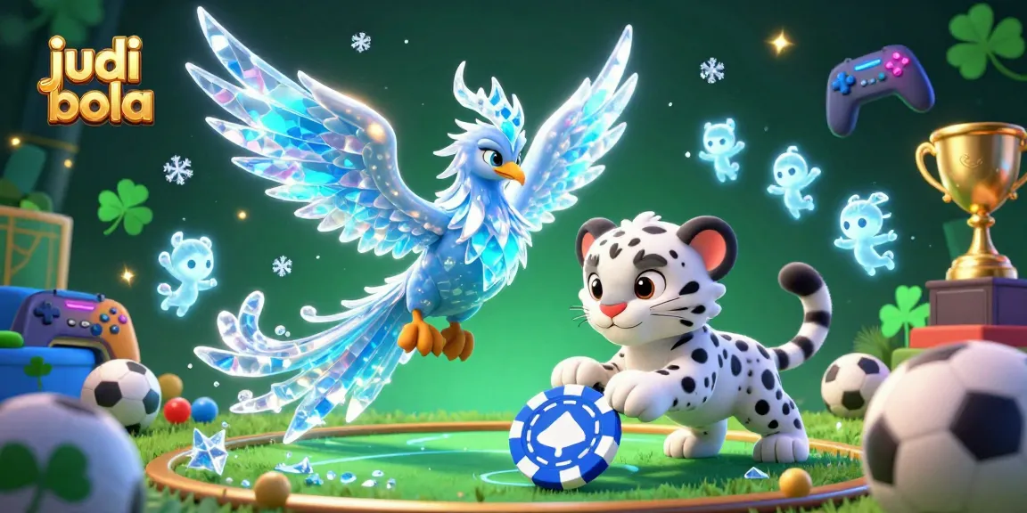 Engaging judi bola scene featuring an ice phoenix and a snow leopard, capturing sports betting excitement.