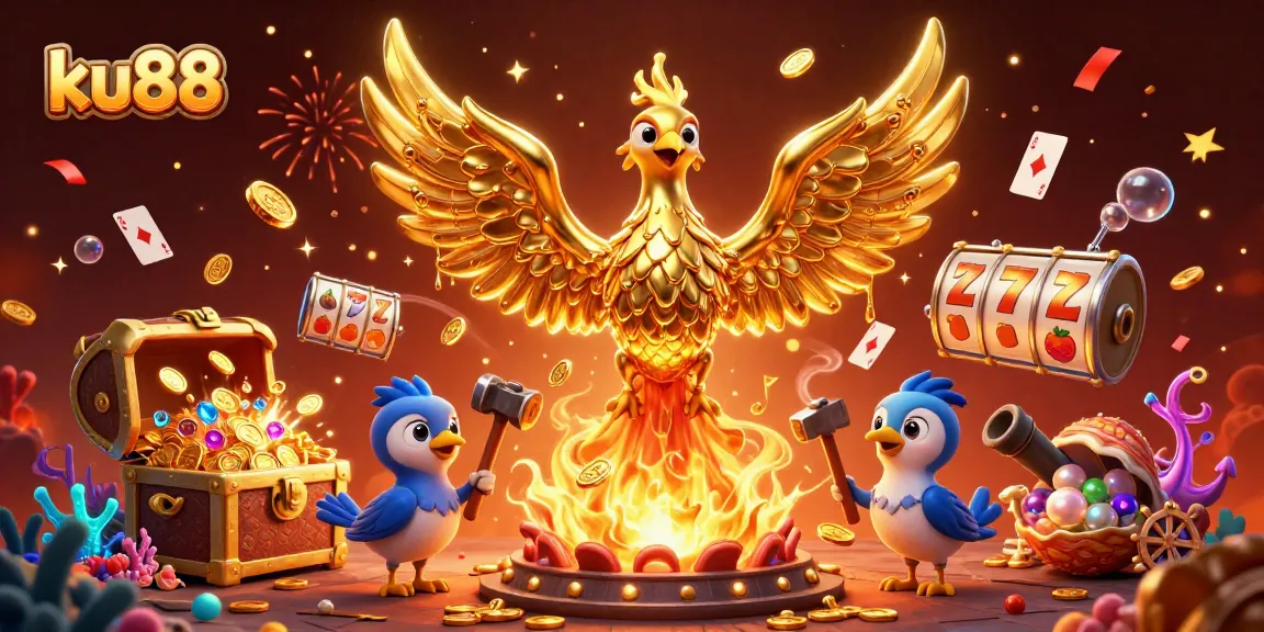 Join the excitement of ku88 with a golden phoenix celebrating large jackpots in a vibrant casino scene.