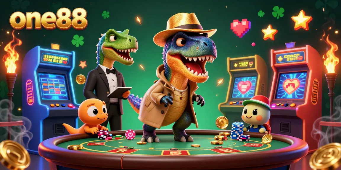 Engage with the action at one88 featuring a cartoon velociraptor card counter and vibrant casino elements.