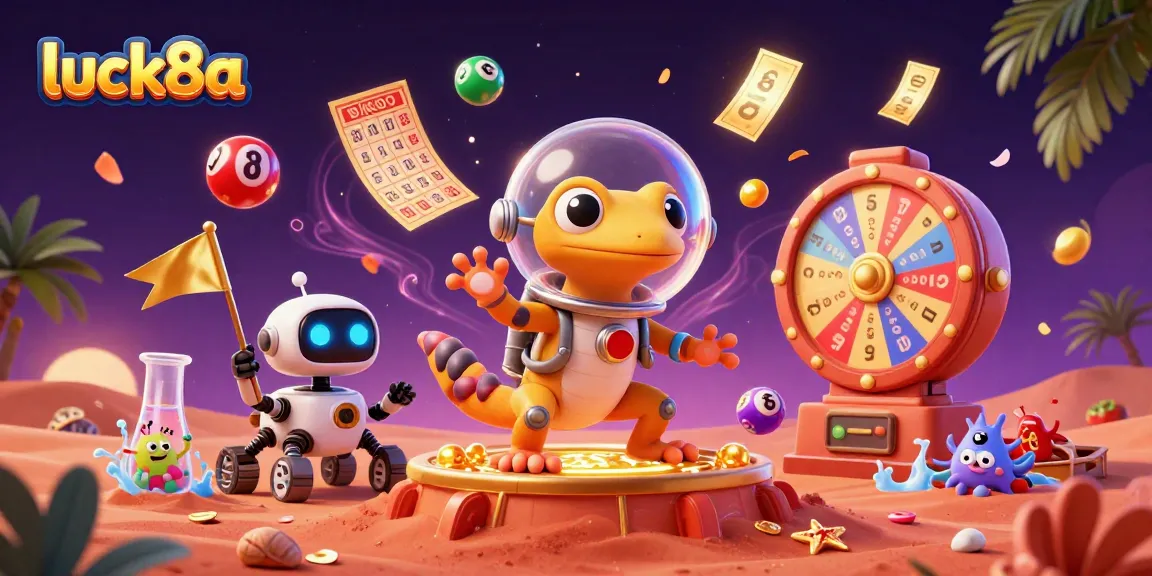 Experience luck8a's excitement with a 3D Martian gecko uncovering a golden casino amidst vibrant gaming elements.