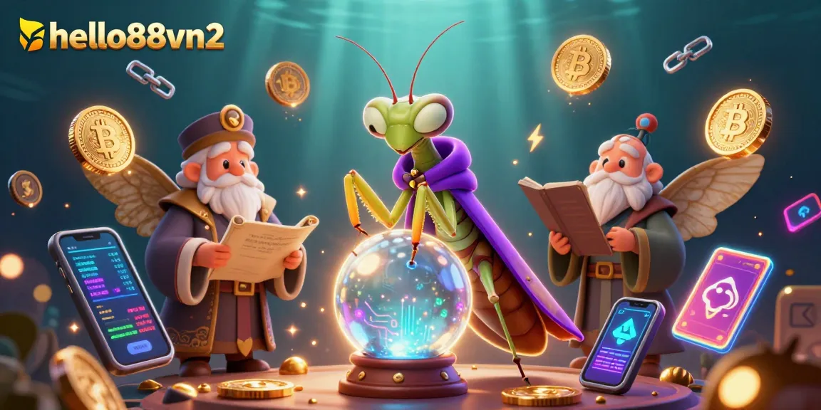 The hello88vn2 fortune teller scene unveils mystical insights with 3D cartoon characters and vibrant crypto elements.