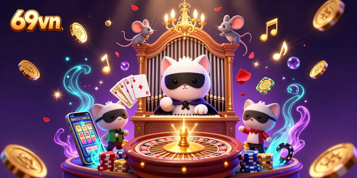 Experience thrilling gameplay antics at 69vn with a flamboyant casino illustration filled with coins and cards.