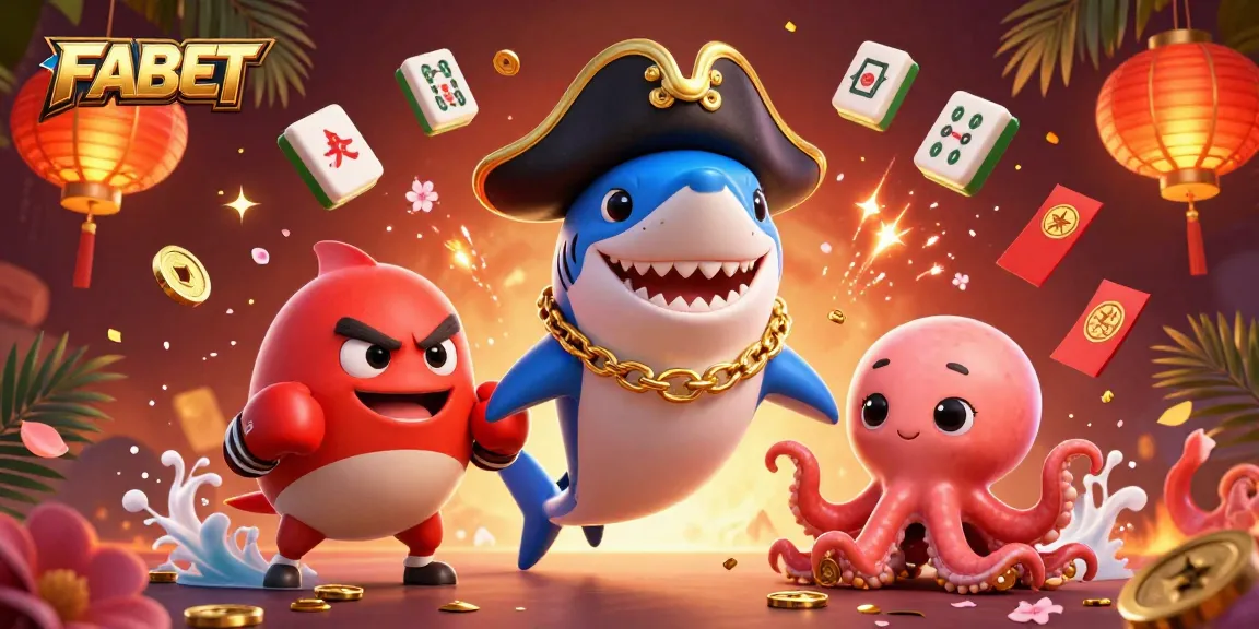 Engage with FABET's thrilling cartoon scene with a pirate shark, a pufferfish, and an octopus among rich casino elements.