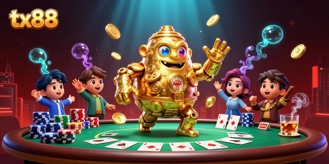 Engage in the thrill of tx88 with a vibrant casino scene featuring a golden golem and poker elements.