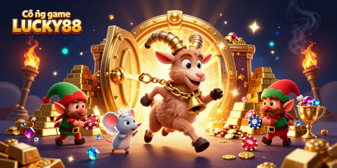 Experience the thrill at Cổng game LUCKY88 with festive characters in a vibrant casino scene.