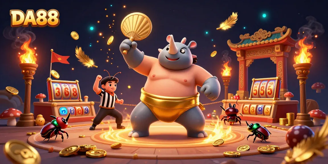 DA88 Casino scene featuring a rhinoceros beetle sumo champion amidst flying coins and slot reels.