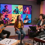KI Singen Bild: Gruppe von Musikern in modernem Studio, inspiriert von kreativen digitalen Bildern.