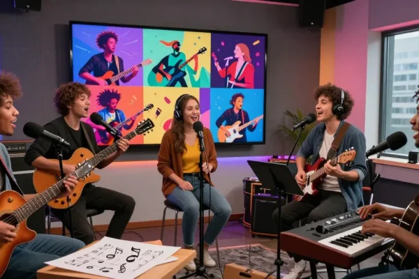 KI Singen Bild: Gruppe von Musikern in modernem Studio, inspiriert von kreativen digitalen Bildern.