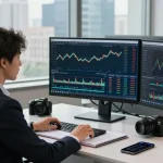Investitionstools zur Analyse von Krypto-Daten in einem modernen Büro, mit Marktstatistiken auf mehreren Bildschirmen.