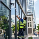 Professionelle Gebäudereinigung Düsseldorf mit einem Reinigungsteam, das Fenster in einem modernen Bürogebäude reinigt.